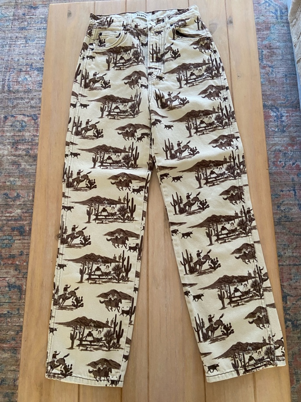 Reformation Cream and Brown Desert Print Straight Leg Pants